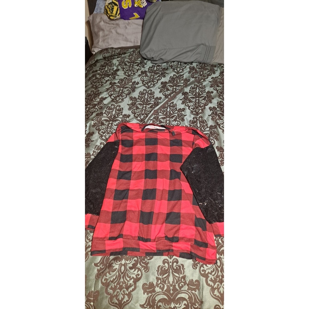 SUNSHINE & RODEO Red Buffalo Plaid Black Sequin Long Sleeve‎ XL Shirt